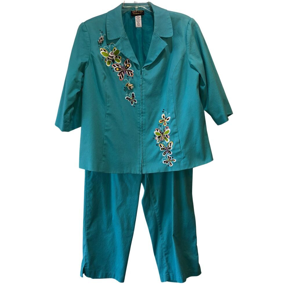 Bob Mackie Wearable Art Size XL Teal Jacket Top Cropped Pants Set Butterfly